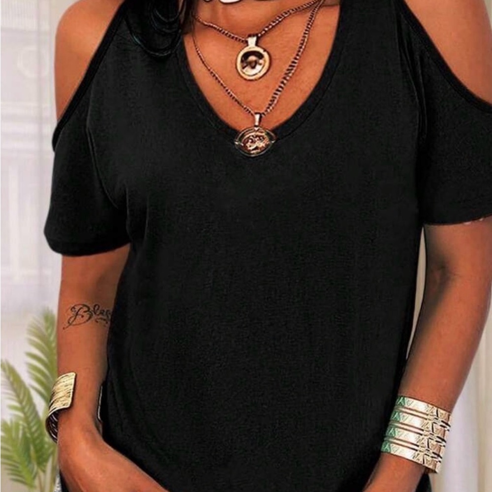 Women's Black Cold-Shoulder V-Neck Top